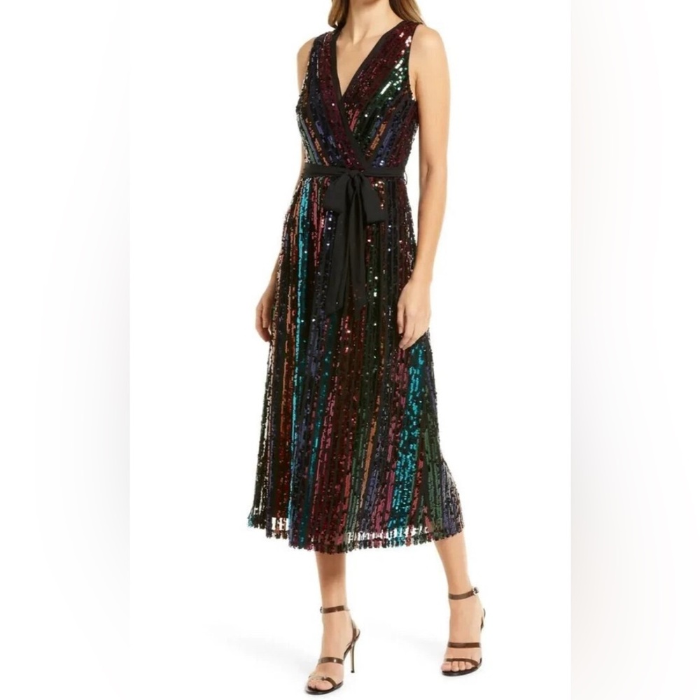 Julia Jordan Midi Dress Womens 2 Rainbow Sequin Stripe Fit & Flare Cocktail NWOT